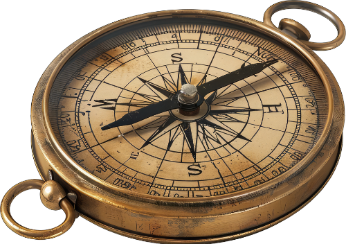 Close-up of a vintage brass compass with a beige face, black and red markings, and a glass cover, showing north pointing slightly northeast.