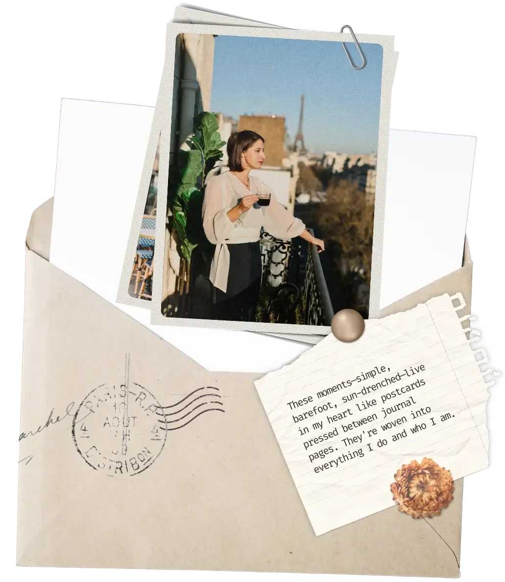 A Hélène with shoulder-length brown hair, dressed in a light-colored blouse and dark pants, standing on a balcony holding a mug of coffee, gazing to the side. The background shows a cityscape with the Eiffel Tower visible under a clear sky.