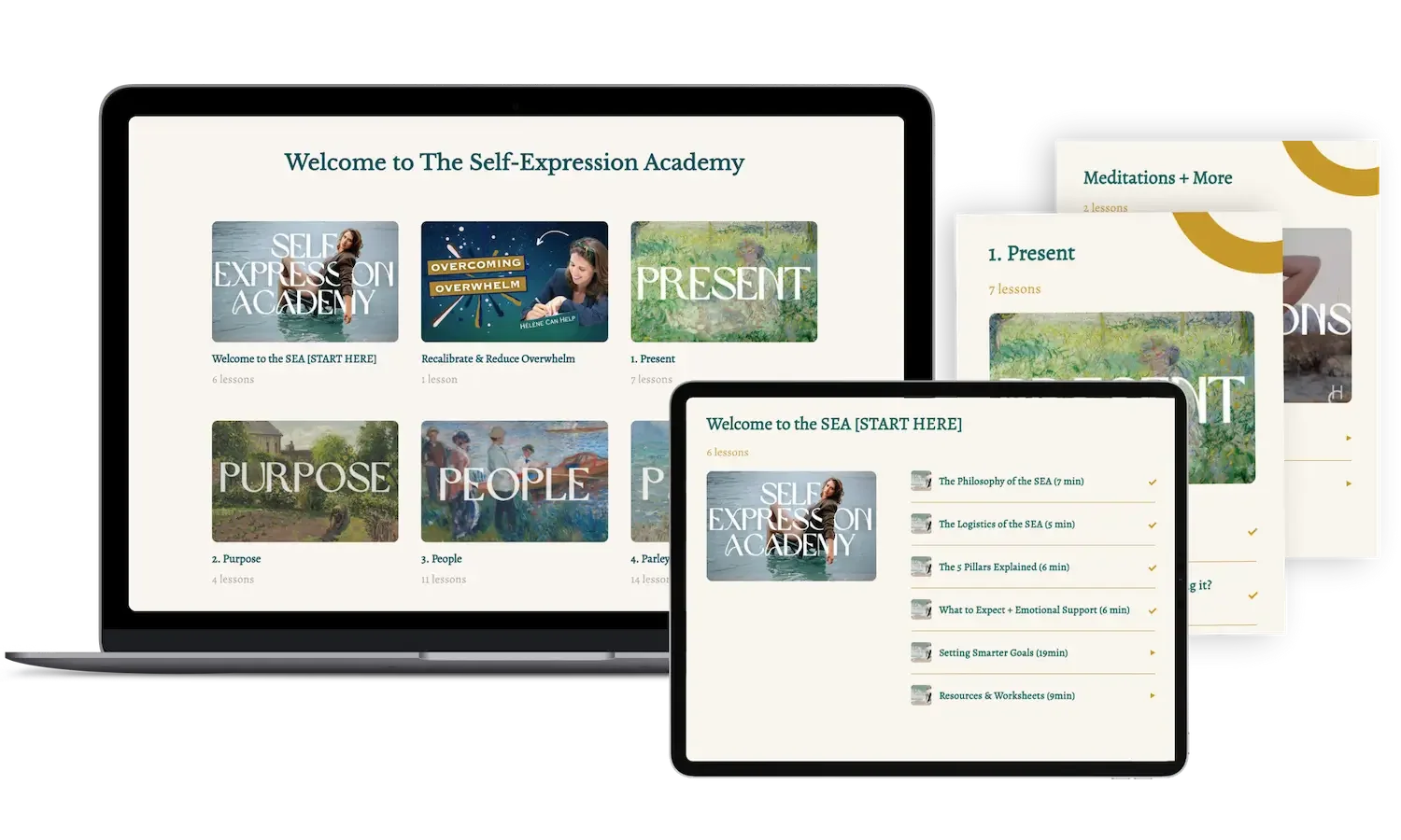 Screenshots of an online self-expression academy course displayed on laptops and tablets, featuring course modules and lessons.