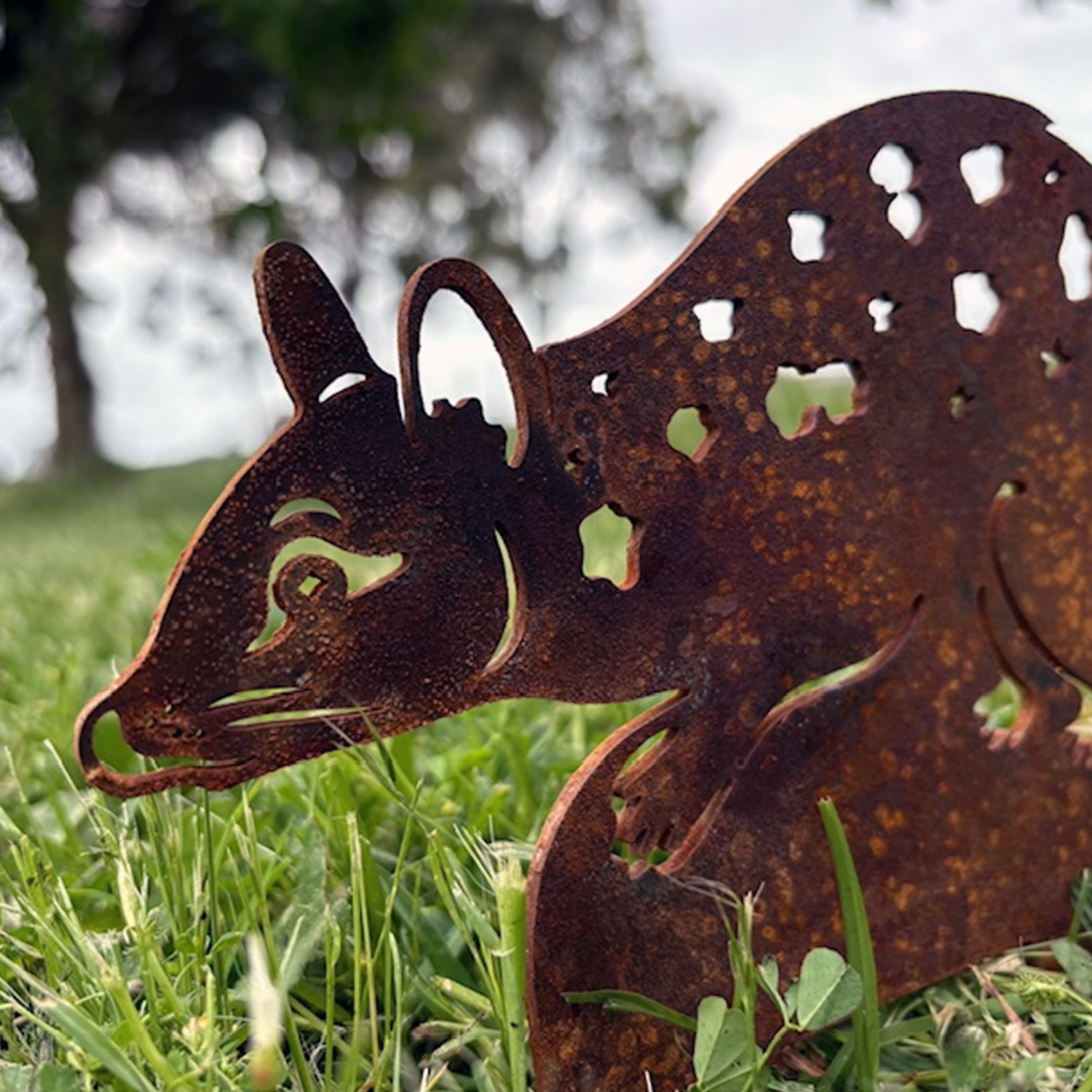 Close-up of a rusted metal Australian Quoll sculpture with trees and cloudy sky in the background.