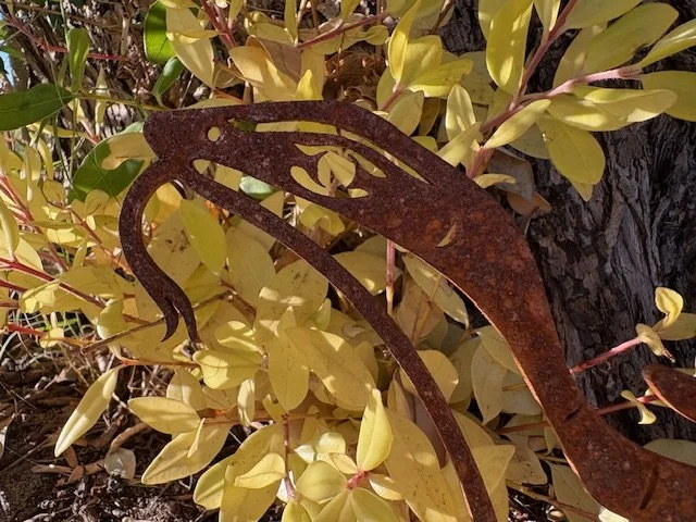 Rusty metal sculpture of a Goanna Aussie lizard among yellow and green leaves.