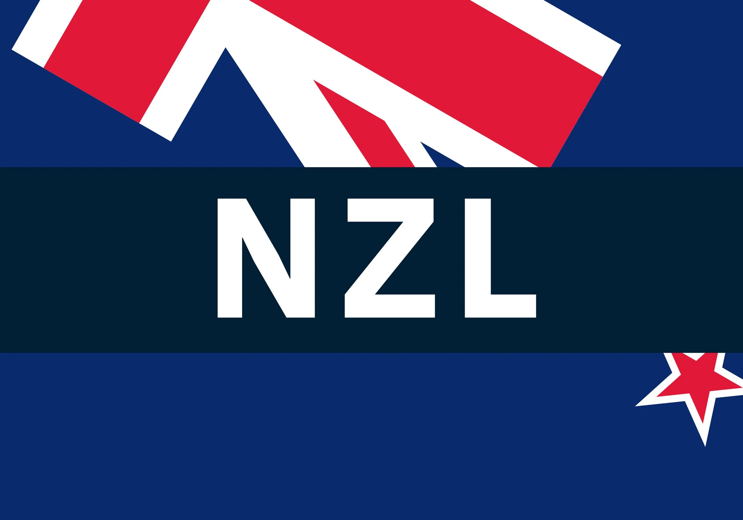 A stylized graphic of the New Zealand flag with large white letters 'NZL' over a dark blue background, and partially visible red and white star elements.