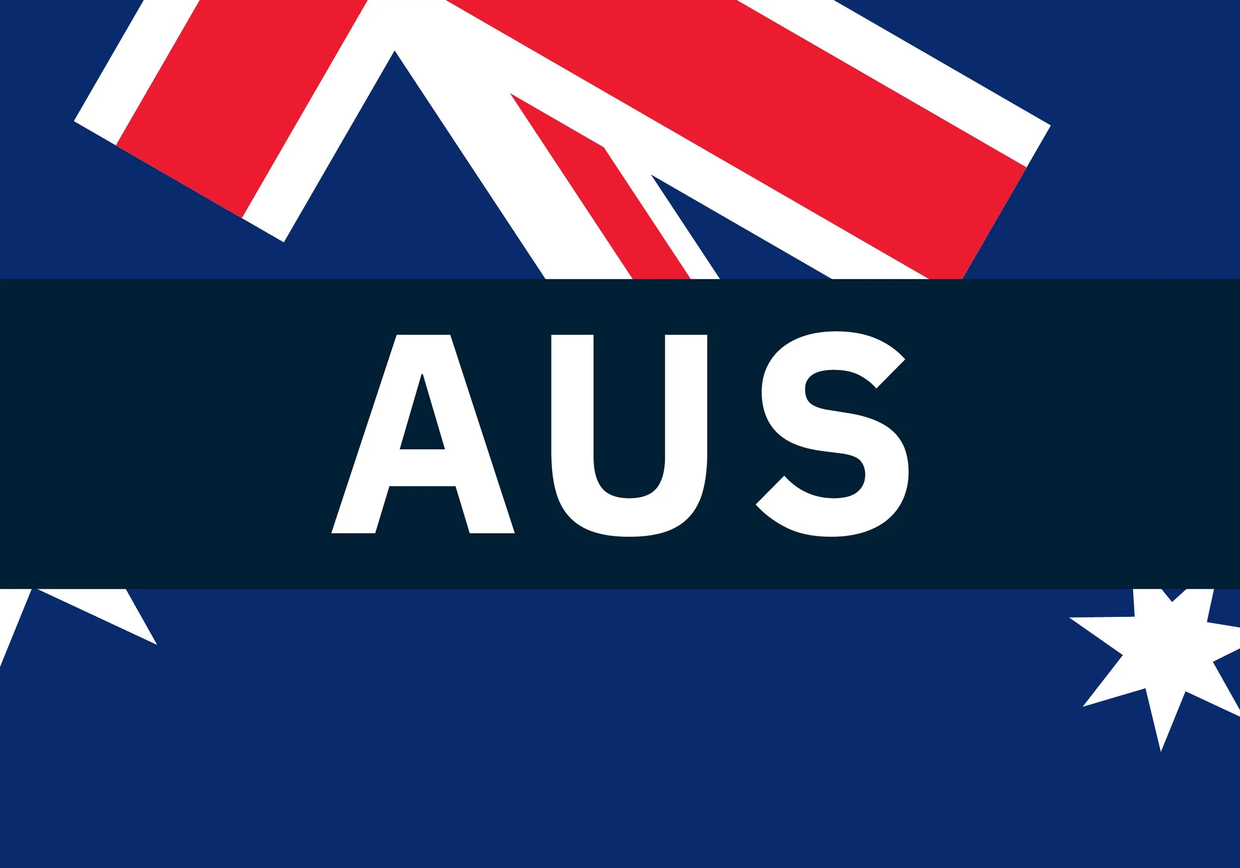 A stylized graphic of an American flag with the text 'AUS' in bold white letters on a dark blue background, and decorative white stars.