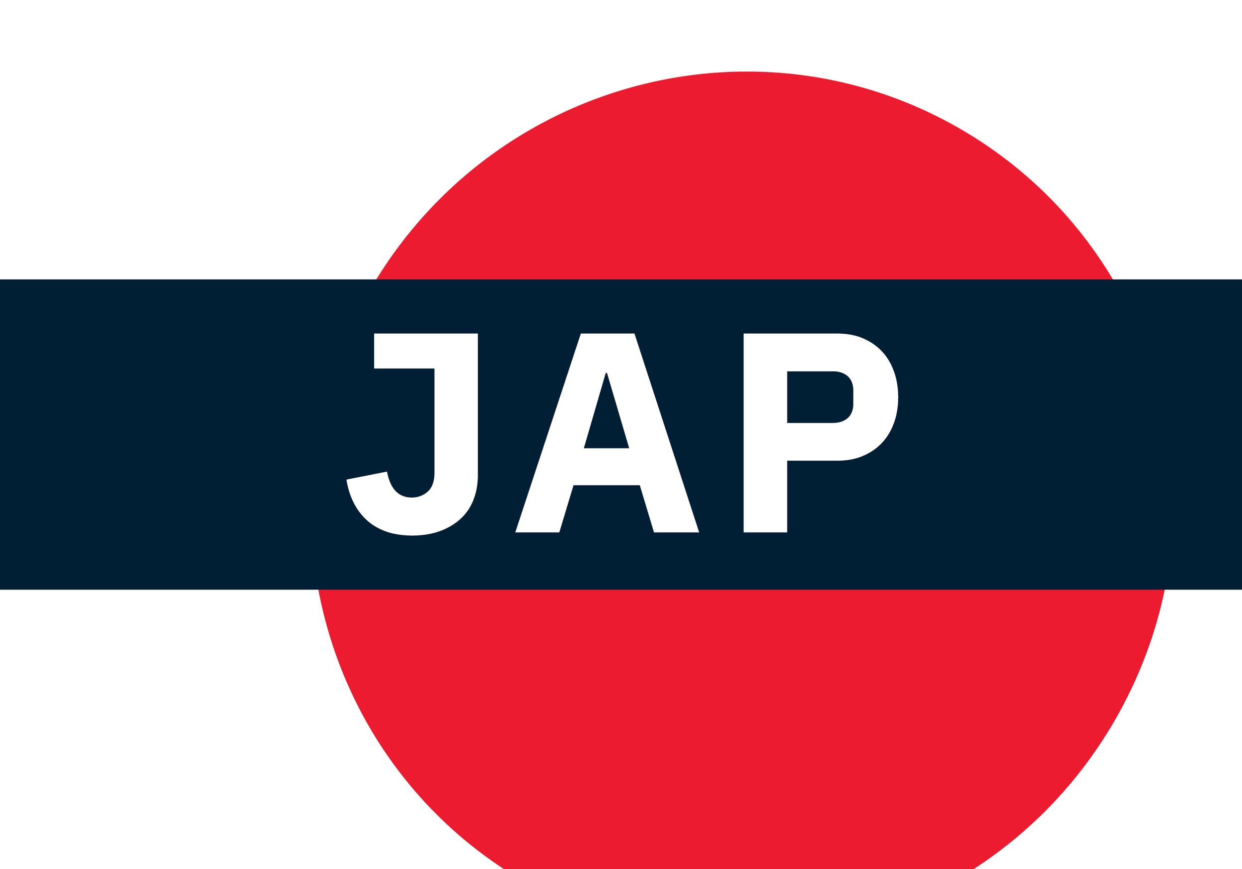 A logo featuring a red circle with a black horizontal banner across the middle. Inside the banner, in white letters, is the word 'JAP'.