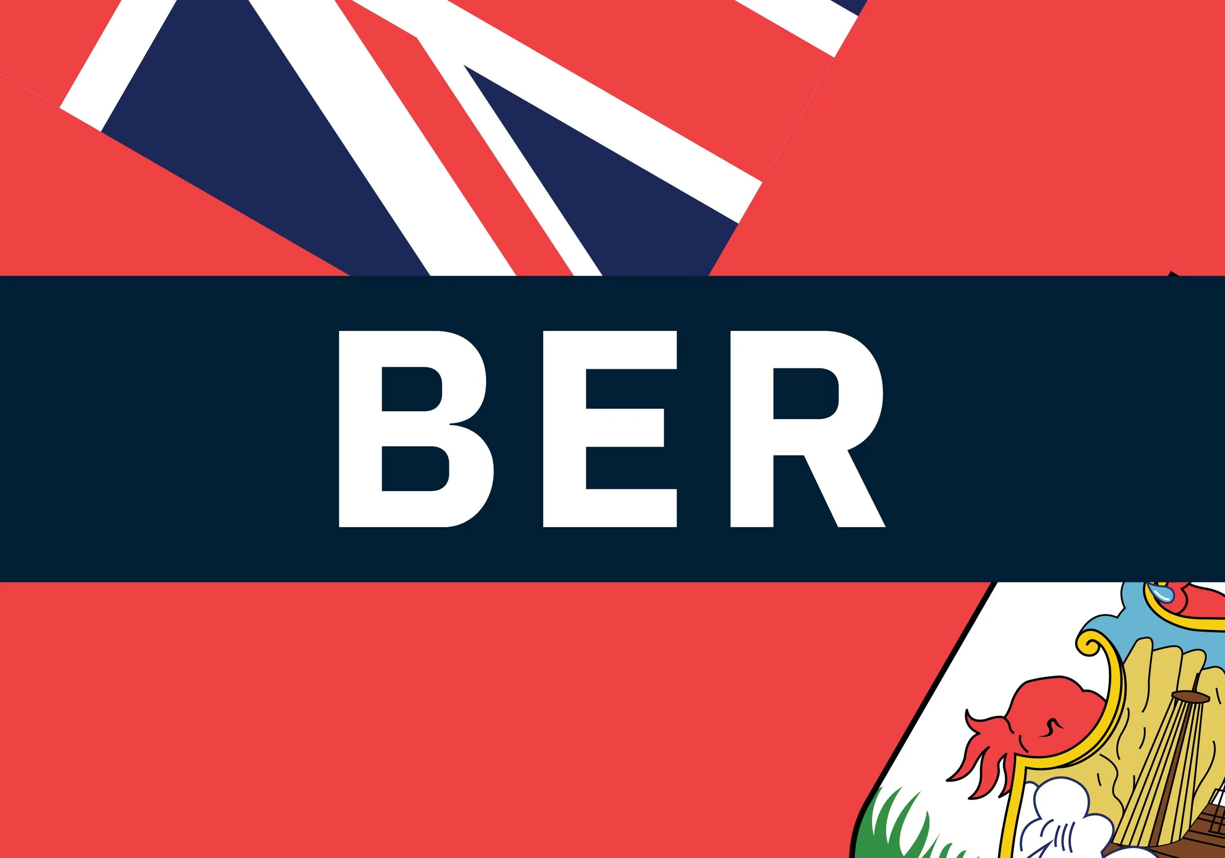 Close-up of a flag with the word 'BER' visible, featuring a red background, white and dark blue shapes, and a partial coat of arms with a lion and crown.
