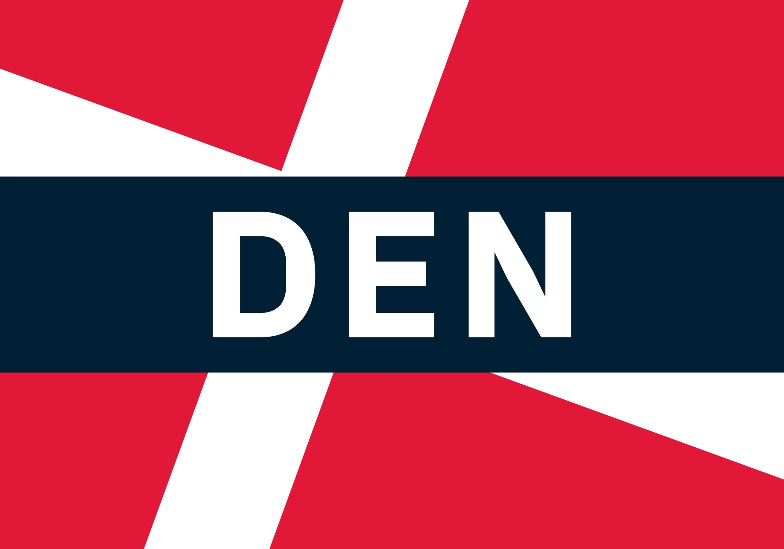Close-up of a sign with red, white, and navy blue geometric shapes, featuring the word "DEN" in bold white letters.
