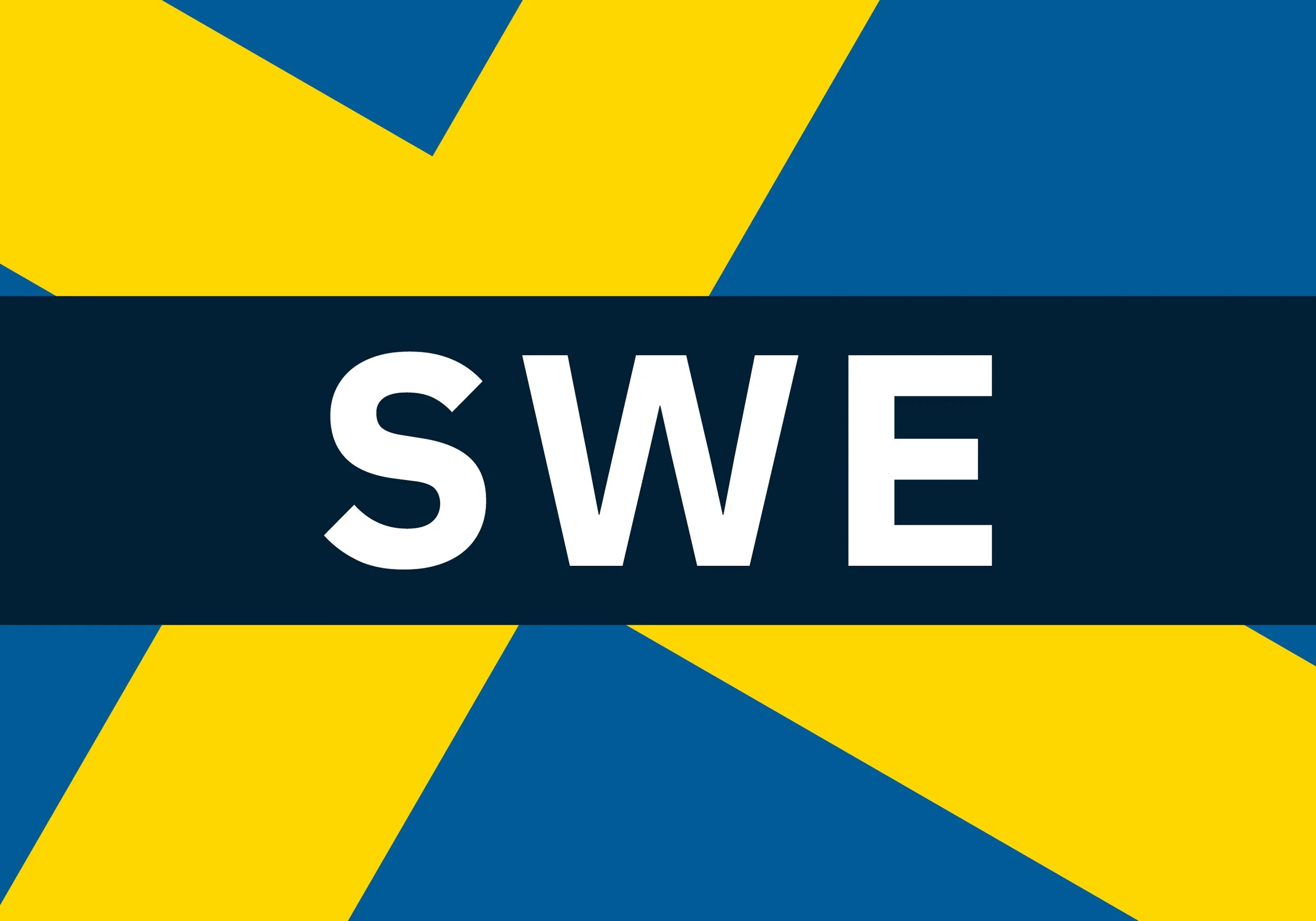 The image features a bold graphic design with abstract blue and yellow shapes, and the word 'SWE' in large white letters on a dark background.