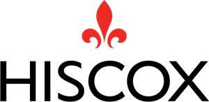 Black and white image with a red fleur-de-lis symbol at the top center