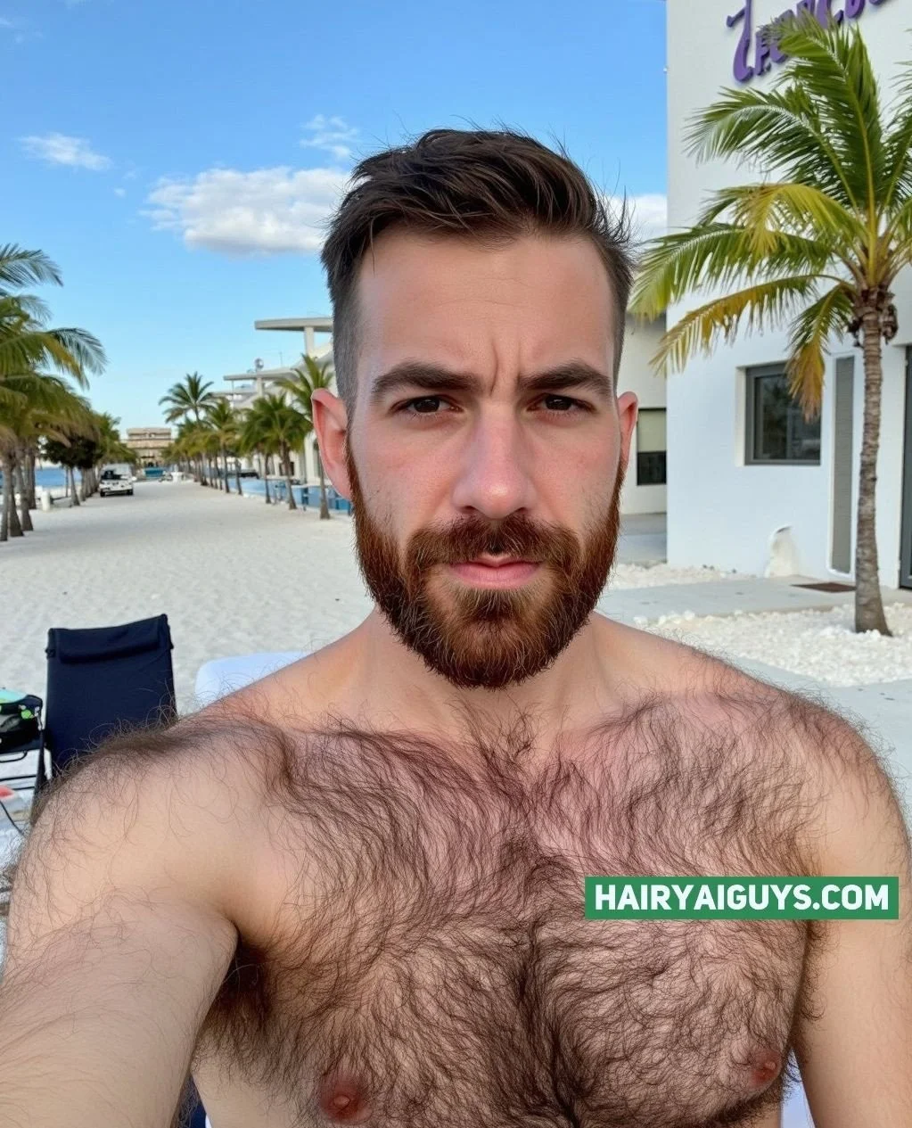 His red-brown hair plays in the wind, and every chest curl screams island fantasy unlocked. #hairy #AIGenerated #HairyMen #GayArt #BeachLife