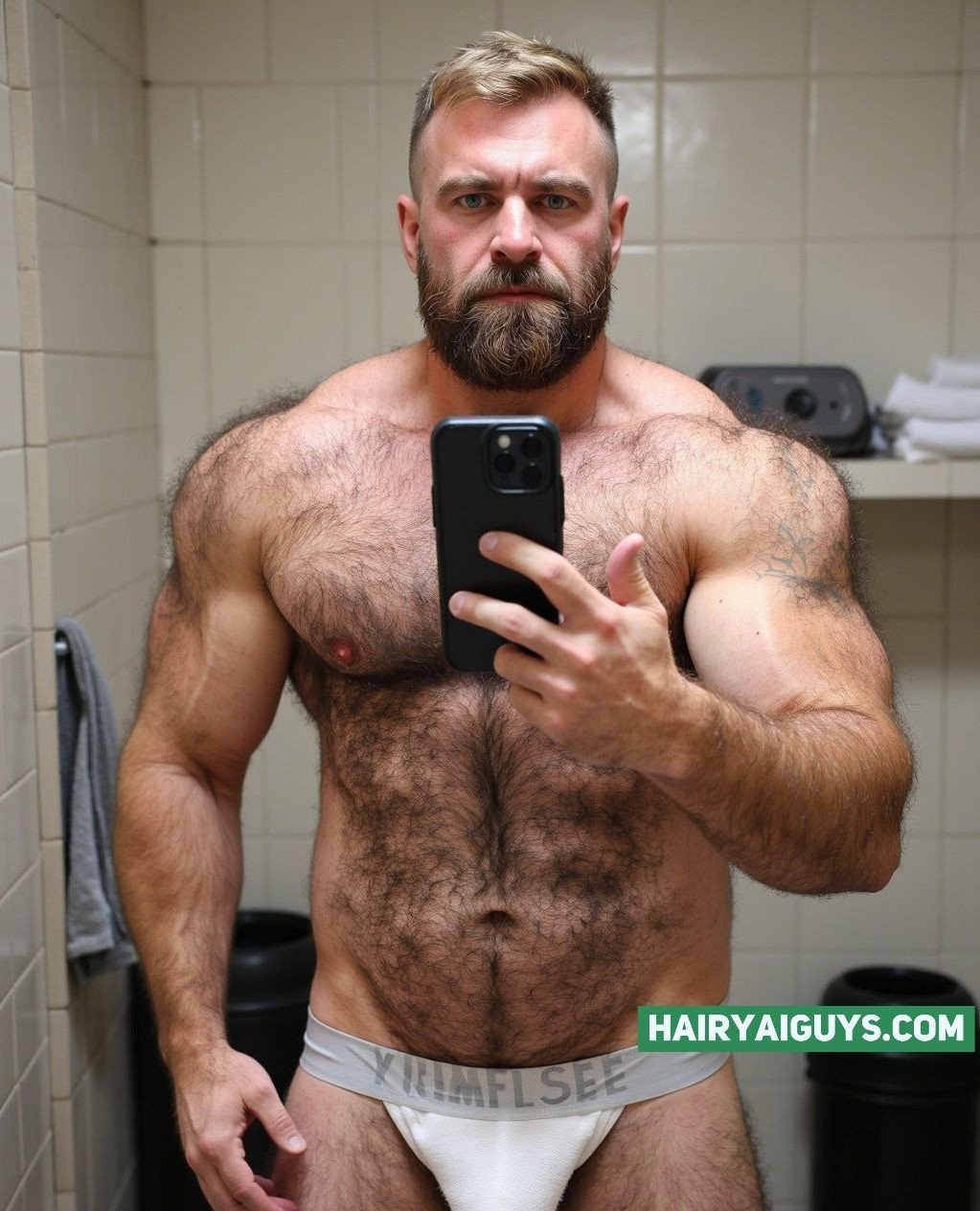 Blond hair catches light, muscles own space, and briefs barely behave. #hairymuscle #AIGenerated #HairyMen #GayArt