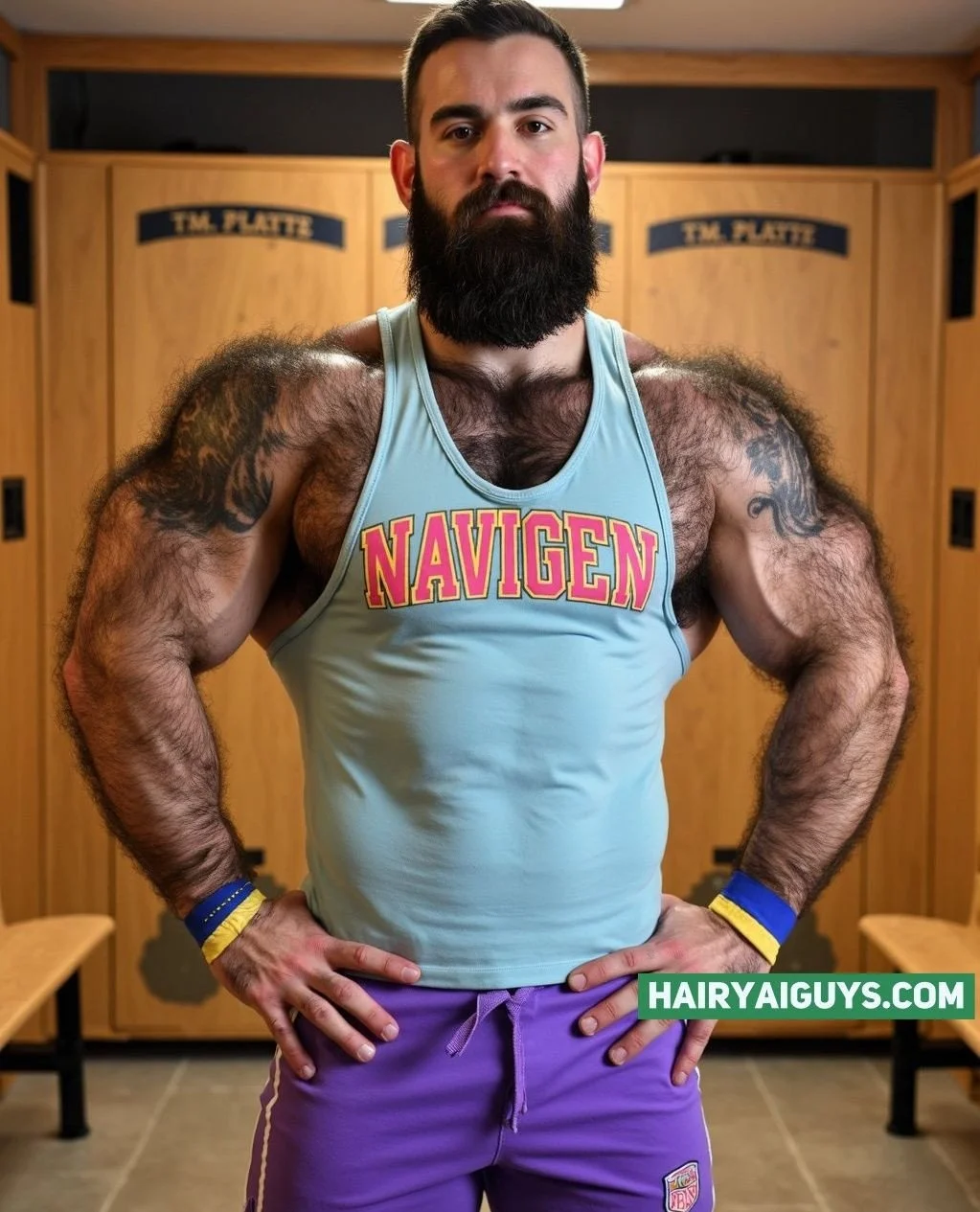 Hair everywhere, biceps everywhere, attitude everywhere... what&rsquo;s your caption: &ldquo;locker room titan 🏋️&rdquo; or &ldquo;beard, bulk, and barely surviving&rdquo;? #Fursday #HairyMuscle #AIGenerated #HairyMen #GayArt