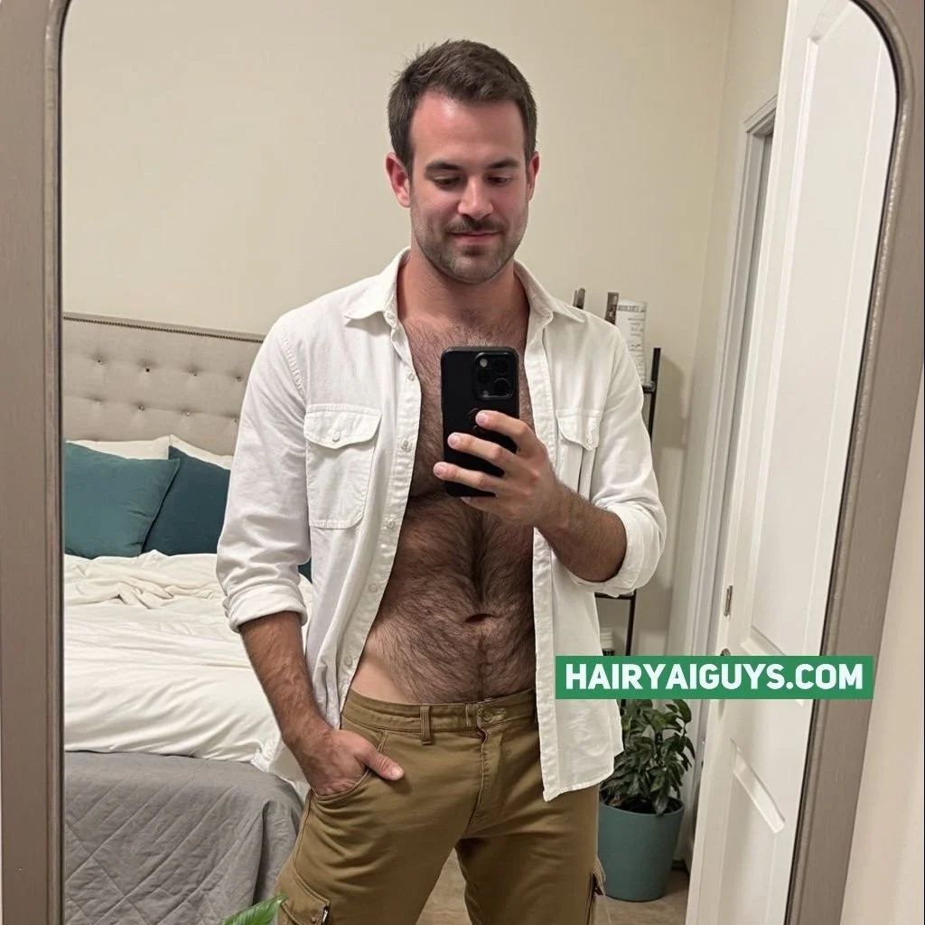 You see fur, gaze, undone buttons&mdash;and suddenly the bed&rsquo;s not the only thing unraveling. 🫠 #AIGenerated #HairyMen #GayArt