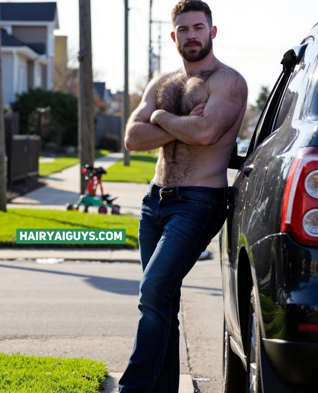 The car's just a backdrop. He&rsquo;s the focus&mdash;hairy, solid, and standing like confidence was custom-built. 🚗🔥