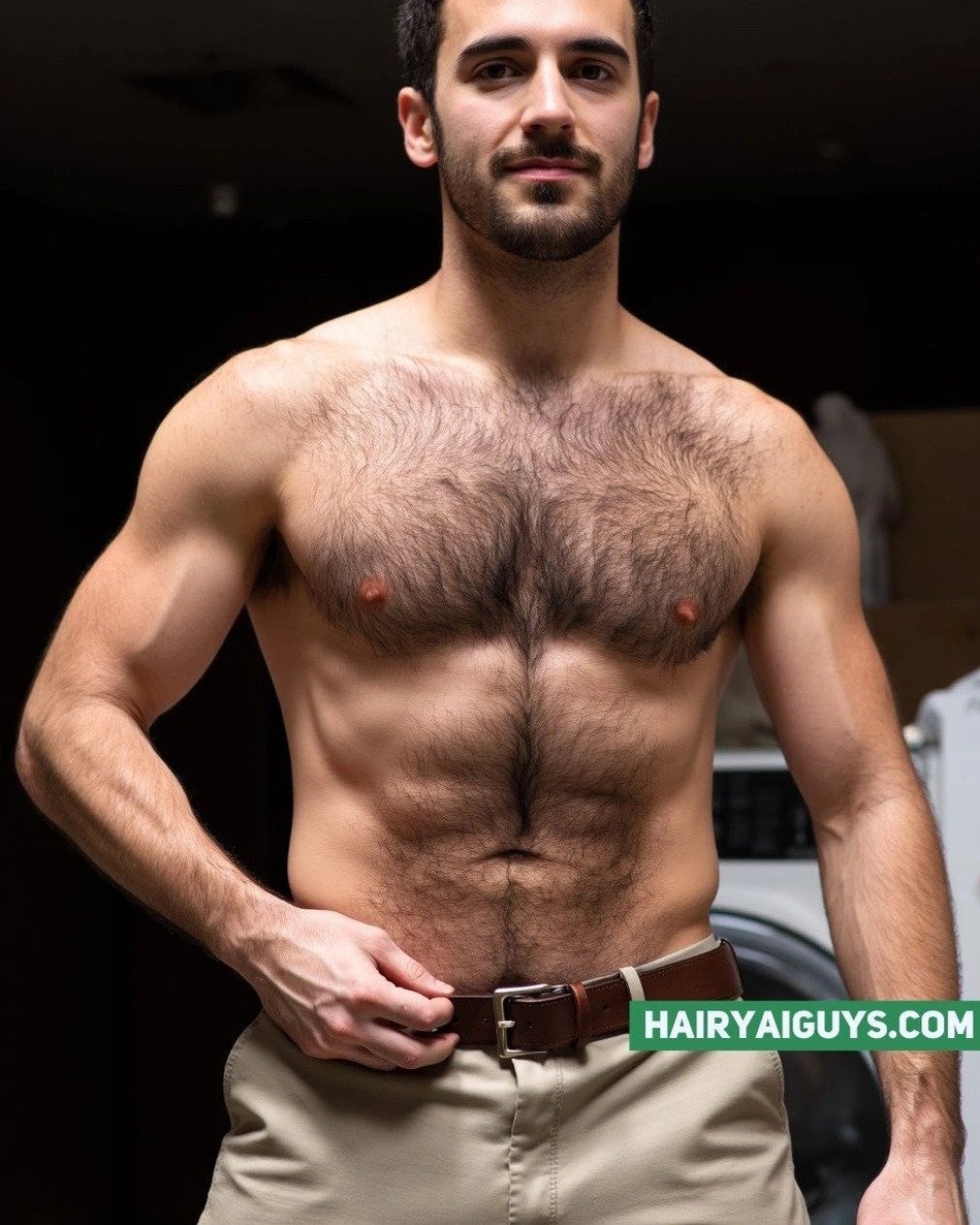He&rsquo;s the shadow that warms you: hairy chest, brown belt cinched, khaki clutch. #HairyMen #AIGenerated #GayArt
