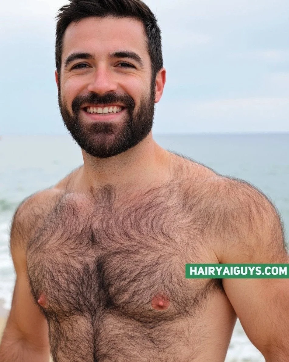 Every strand of hair on his shoulders glistens like sea foam. Smile irresistible. Beach blessed. 🌊 #HairyMen #AIGenerated #GayArt