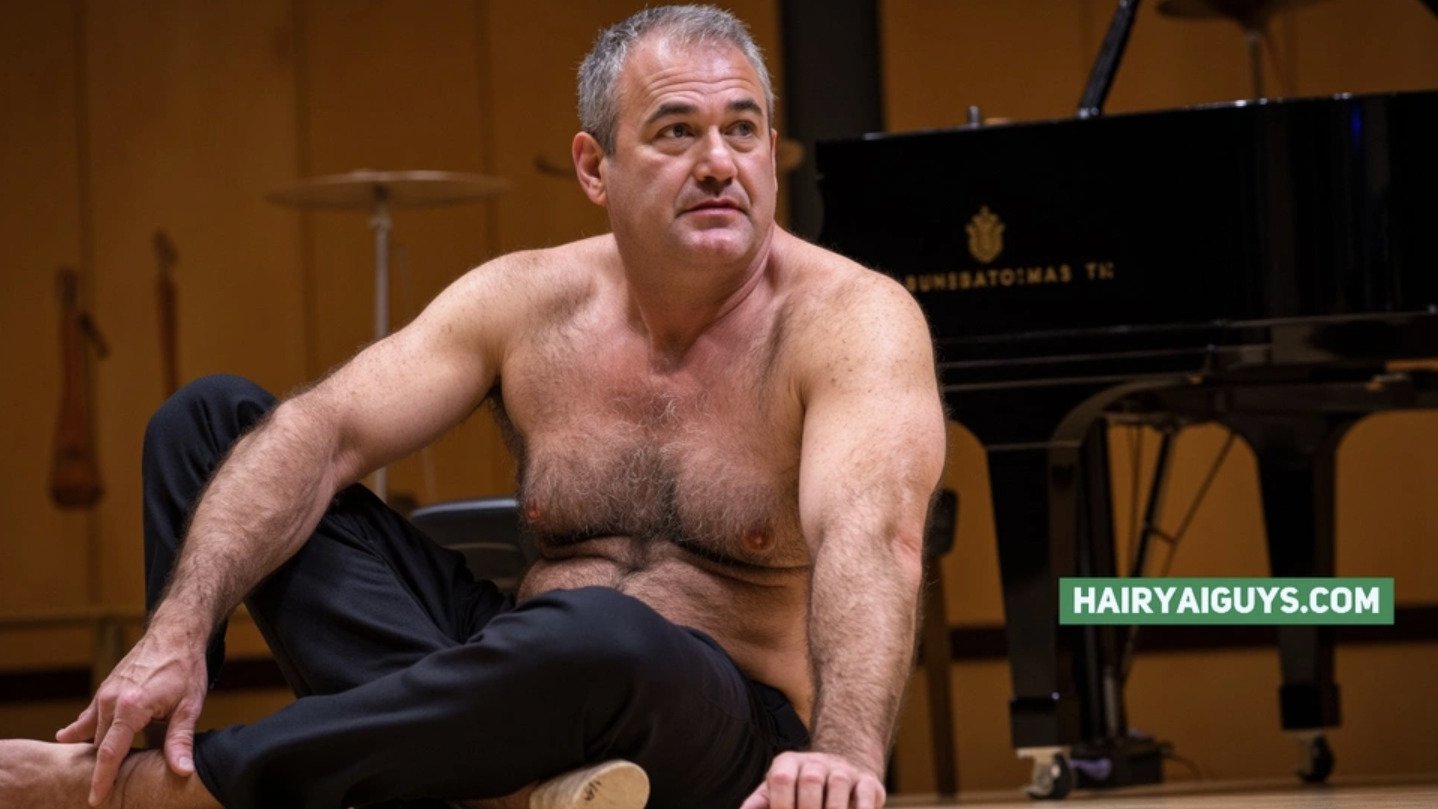 Someone&rsquo;s chilling on the floor in the audition area by a piano. #hairybear #aigeneratedimages