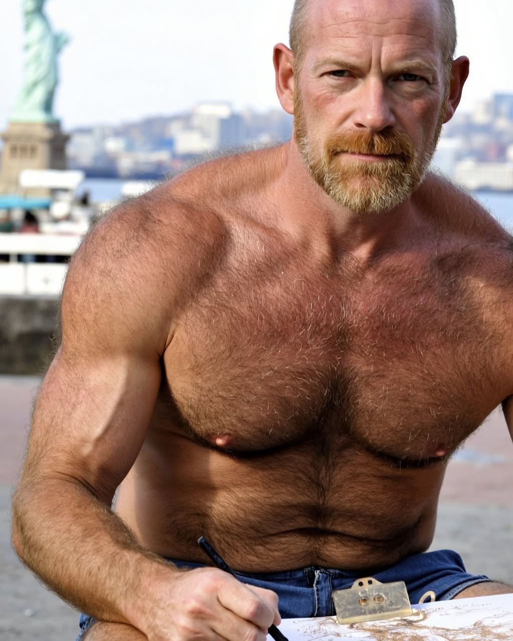 Red hair blazing, muscles flexed, and a sketch that feels like a challenge in every stroke #hairyisthebest #aigenerated #fursday 🗽