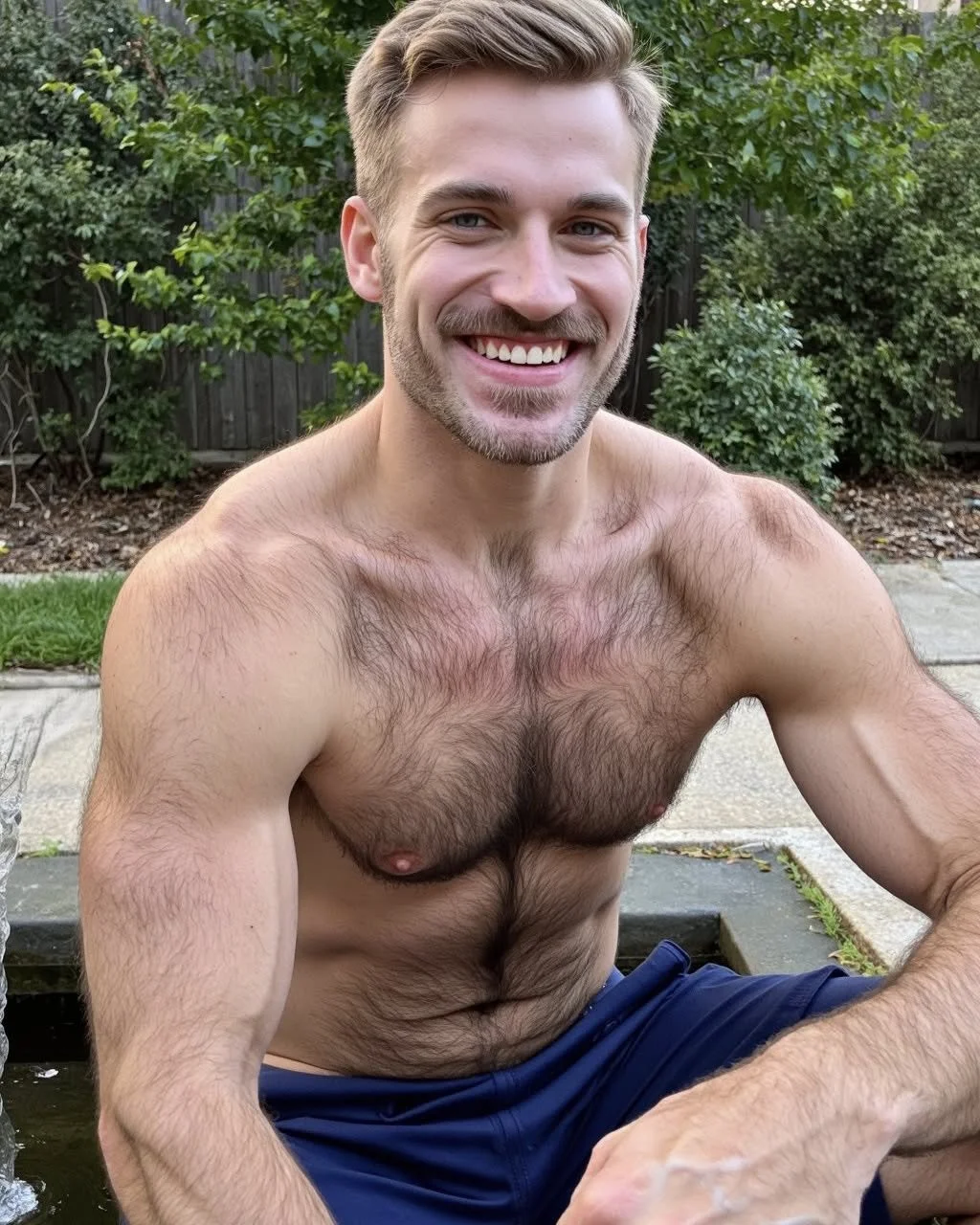 Muscles relaxed, trees behind, and a nerdy grin that makes the whole park feel warmer #hairyisthebest #aigenerated 🌳