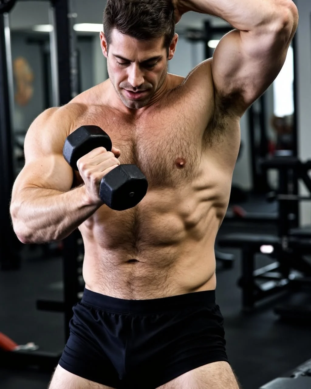 One arm lifts, the other reveals &mdash; thick power and perfect form in every inch #hairyisthebest #aigenerated 🖤