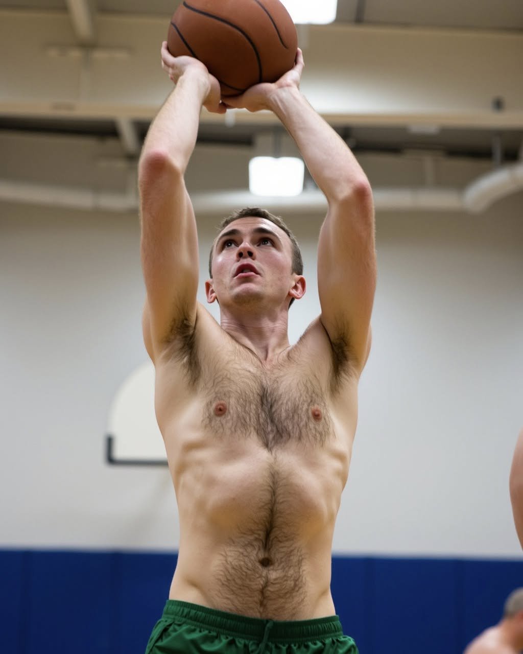 Arms up, chest out, and green shorts in motion &mdash; game on, and he&rsquo;s owning it #hairyisthebest #aigenerated 🏀