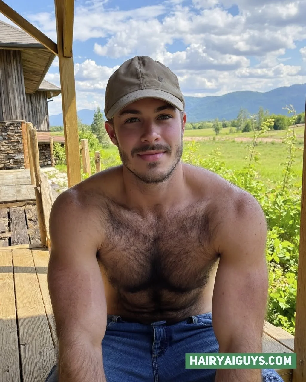 Rugged cabin vibes with a fur-covered chest stealing the mountain view.  Peak hairy perfection 🏔️ #HairyMen #ChestHair #AIGeneratedImage