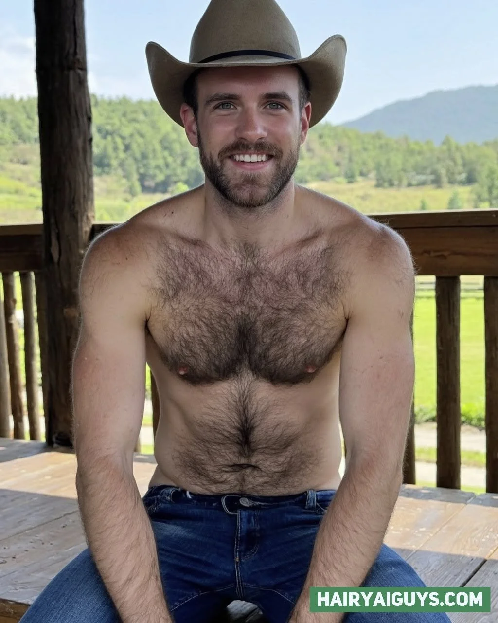 Roping in the stares with that epic chest rug and cowboy swagger,  straight from the wilds. 🤠 #HairyChest #GayHairy #AIGeneratedImage