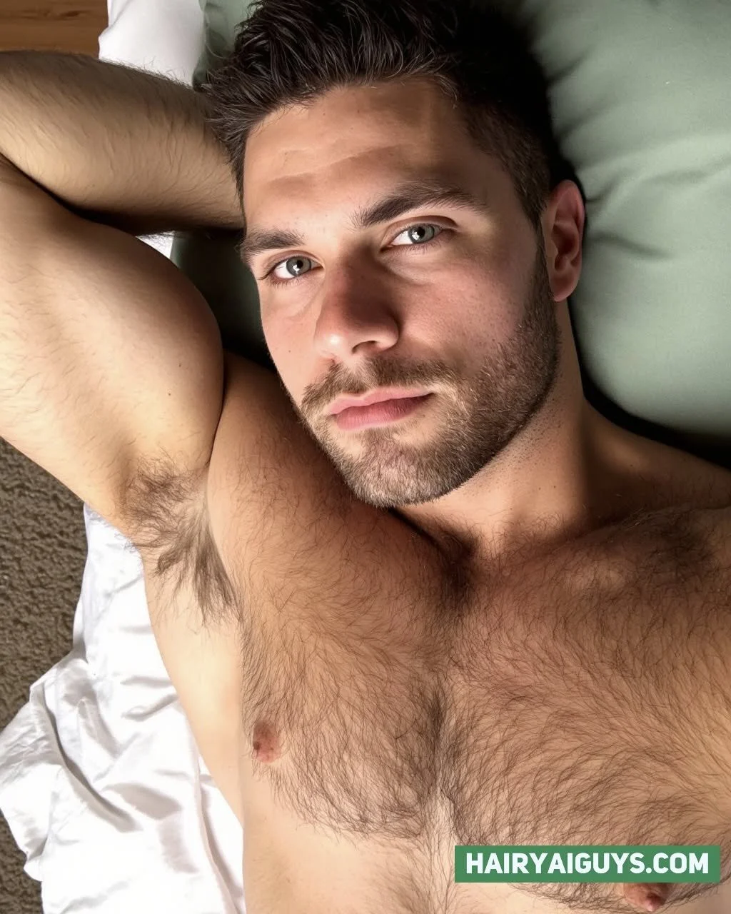 Bushy pecs stealing the sheets. Who's jealous? 😏 #HairyChest #MuscleFur #AIGeneratedImage