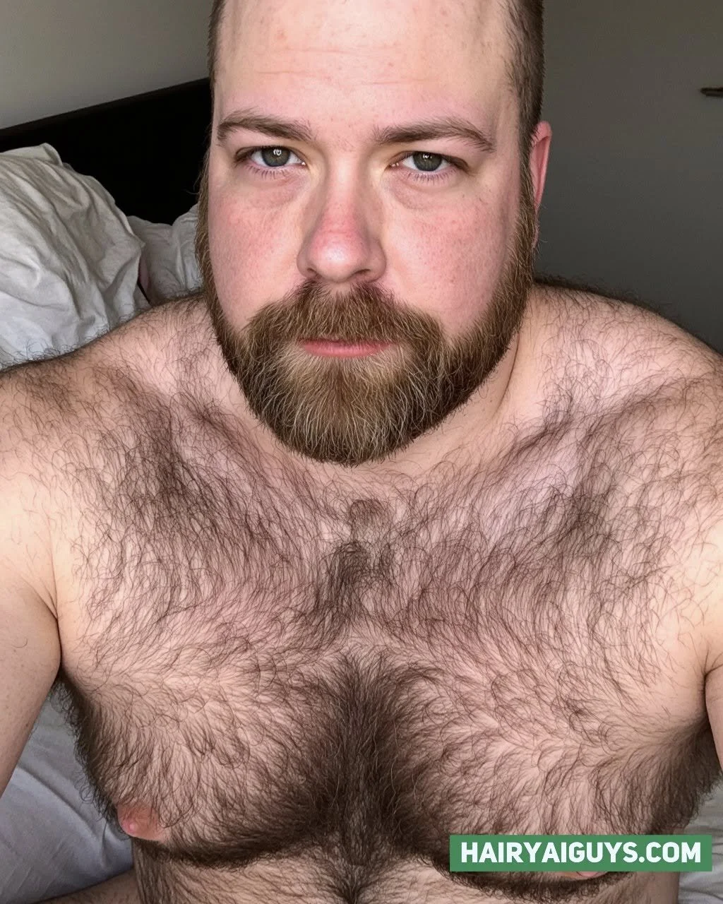 Bald head, full beard, fur overload. This hairy hunk's got the ultimate  bedroom stare. 🛏️ #HairyMen #ChestHair #AIGeneratedImage
