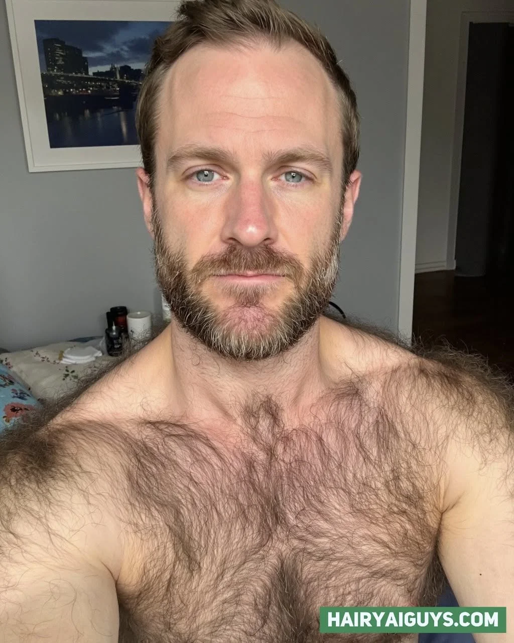 Chest hair goals: thick, lush, and loving every curl. 💥 #HairyHottie #BodyHair #AIGeneratedImage