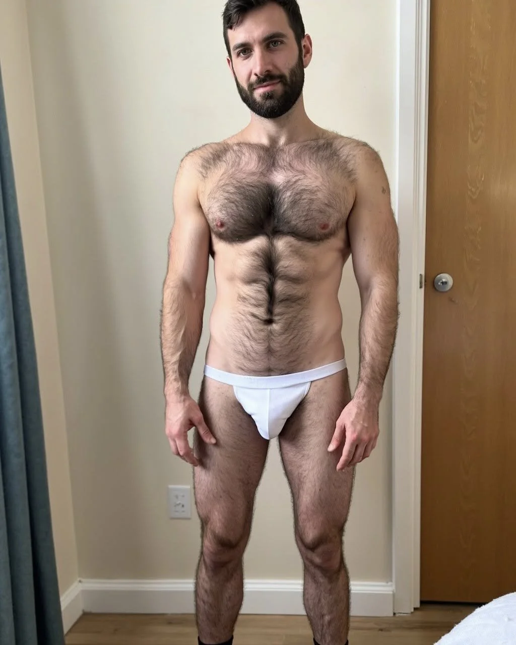 Fur-real abs of steel in those tight whites. Sock it to me! 🧦 #HairyMen #MuscleFur #AIGeneratedImage