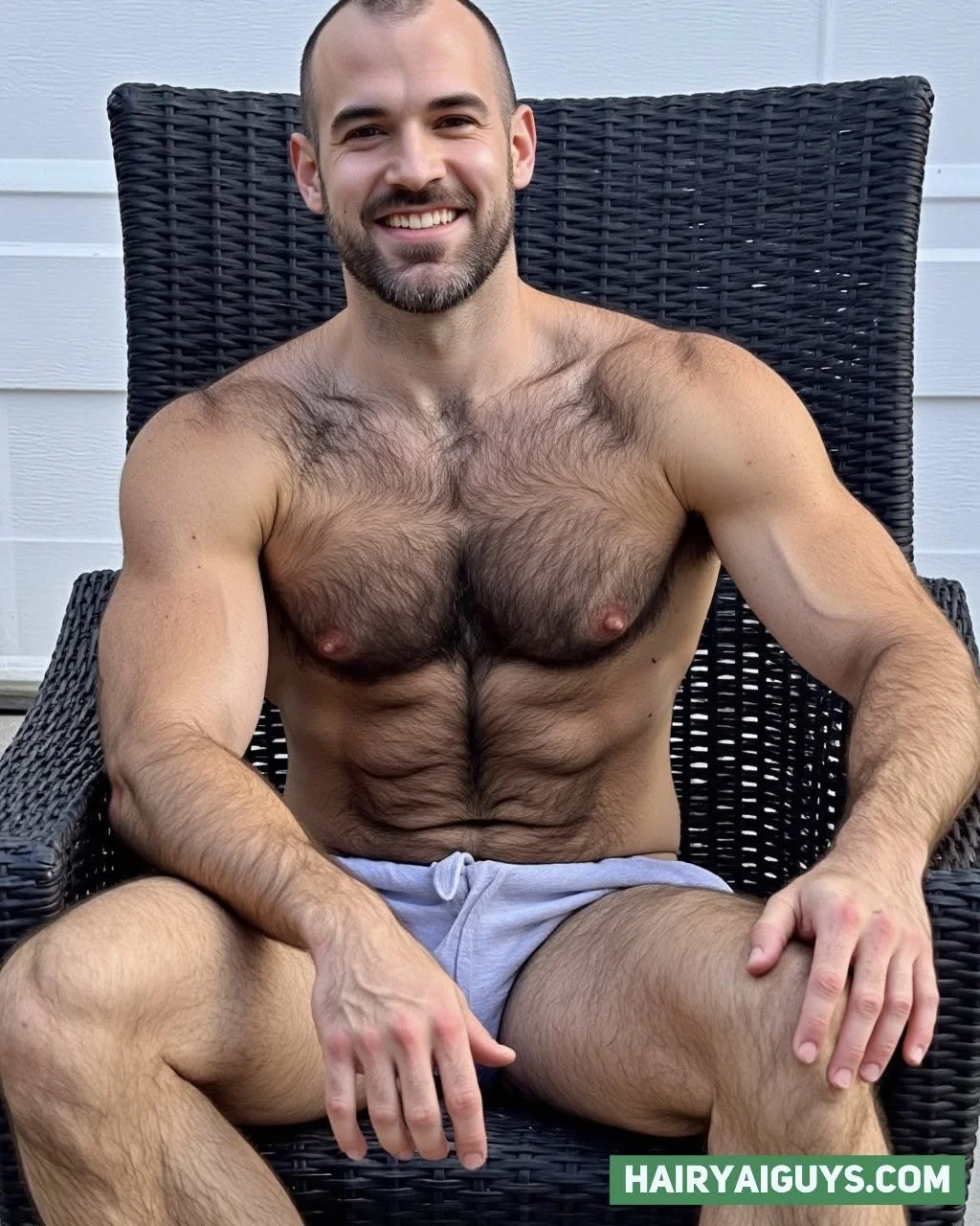 Chair can't handle this fuzzy chest throne. Built and beaming. 🔥 #BodyHair #HairyChest #AIGeneratedImage