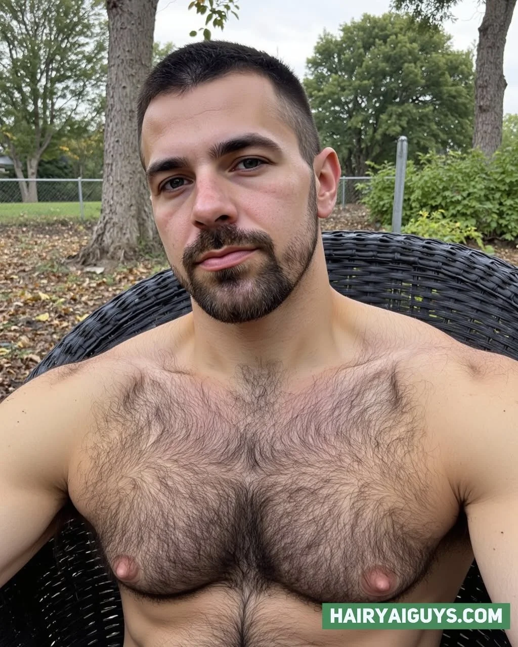 Lounging with that killer chest fur smile. Pure hairy muscle perfection. 🪑💪 #HairyMen #ChestHair #AIGeneratedImage