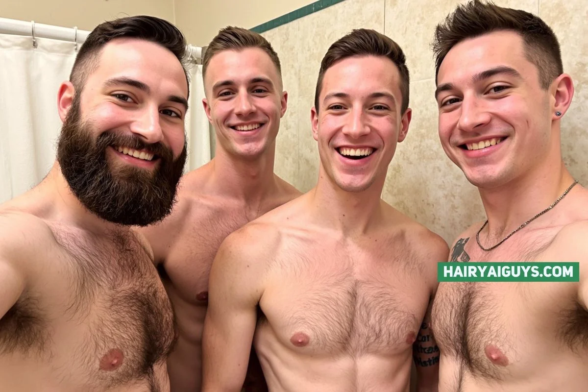 Nothing like a steamy group selfie to turn up the heat 🔥 Four hairy chests, zero shame, and smiles that say it all.

#HairyMen #MensBodyHair #AIGeneratedImage