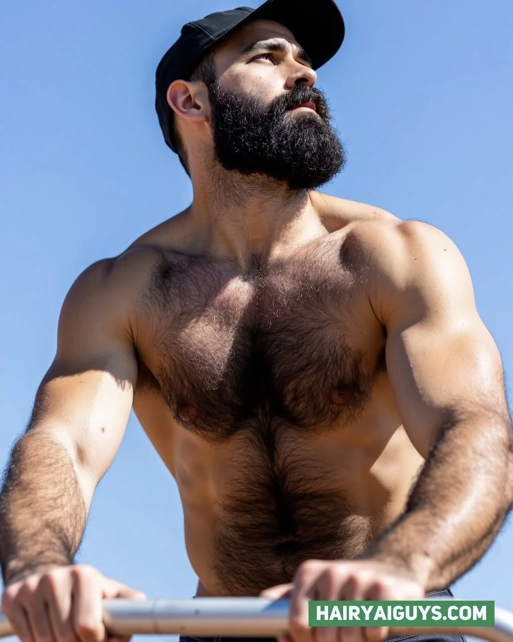 Cap &amp; Chest Under Clear Skies 

#hairychest #gaybeard #hairyman #aihairy #realistichairymen #aigeneratedmen #hairyai #gethairyaiguys