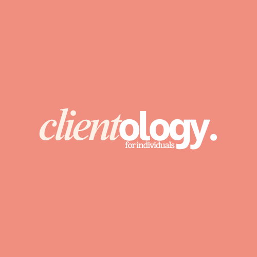 Pink background with the word 'clientology.' in white, with smaller text underneath that says 'for individuals.'