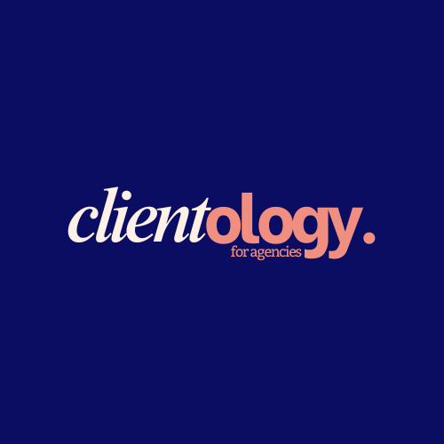 Logo with the word 'client' in white and 'ology' in pink, with small text 'for agencies' underneath, on a dark blue background.