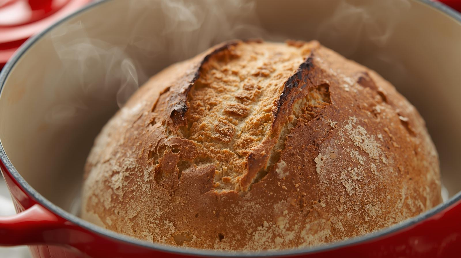 Freshly baked sourdough bread inside a red cast iron dutch oven