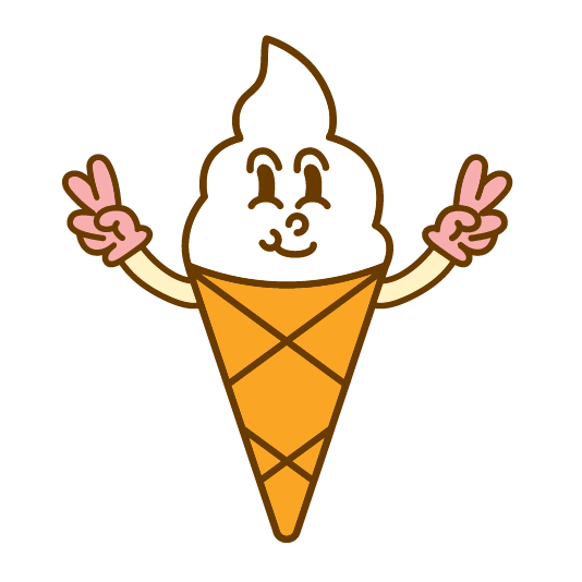 Cartoon ice cream cone with a smiling face, eyes, nose, and mouth, making peace signs with both hands.