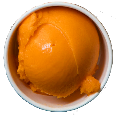 A white cup filled with bright orange sorbet.