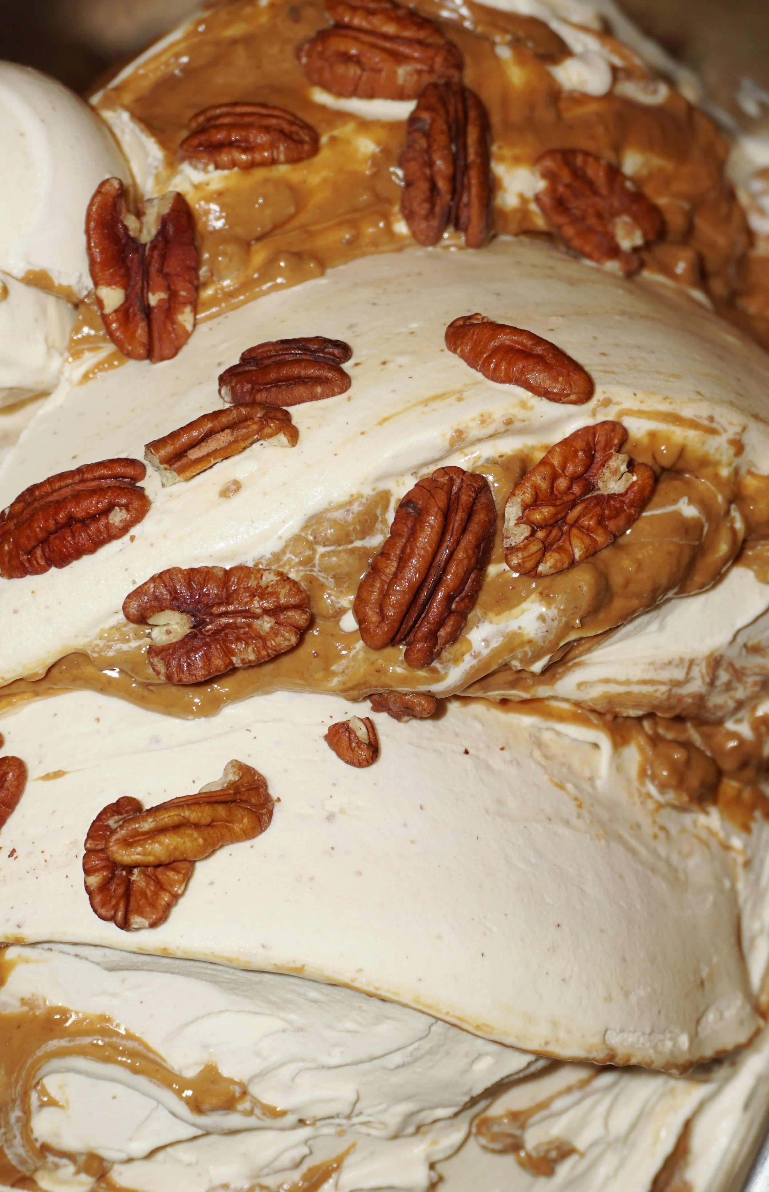 Close-up of ice cream with caramel swirls and pecan pieces on top.