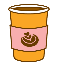 A disposable coffee cup with a pink sleeve and a brown coffee logo.