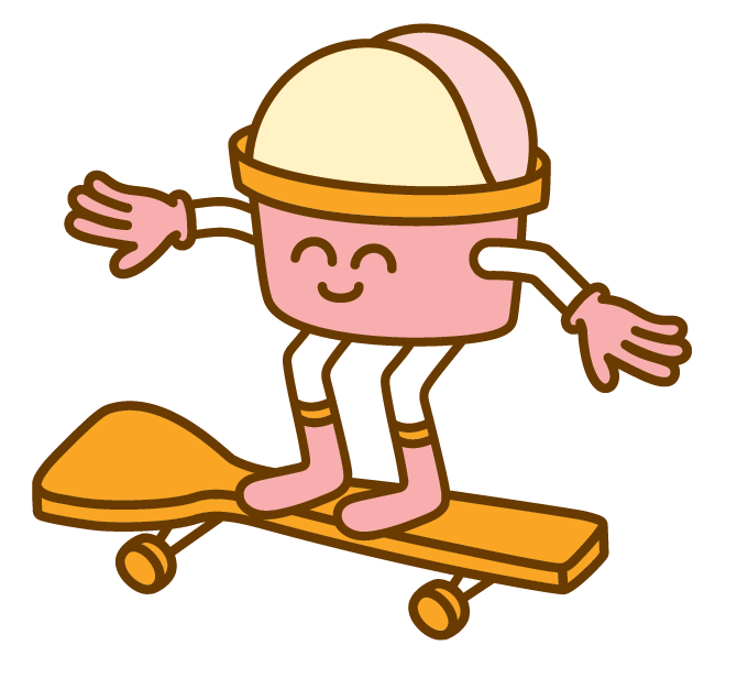 A cute ice cream cartoon with a smiling face, riding on a skateboard.