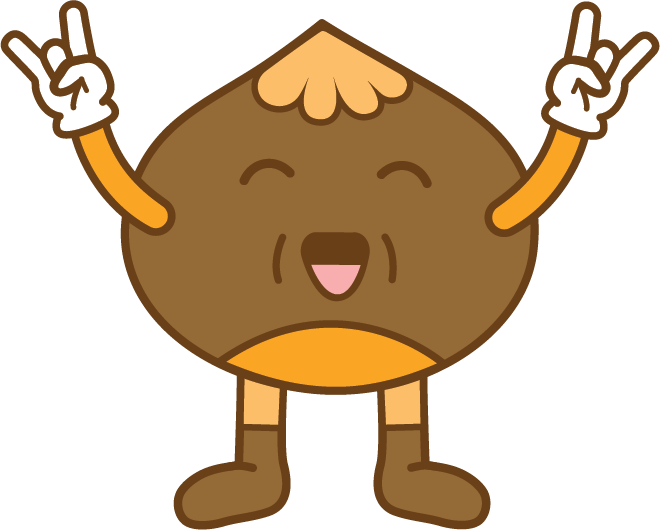Cartoon Chestnut character with a round body, smiling face, and two peace sign gestures with hands.