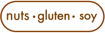 Label with the words nuts, gluten, soy inside an oval outline