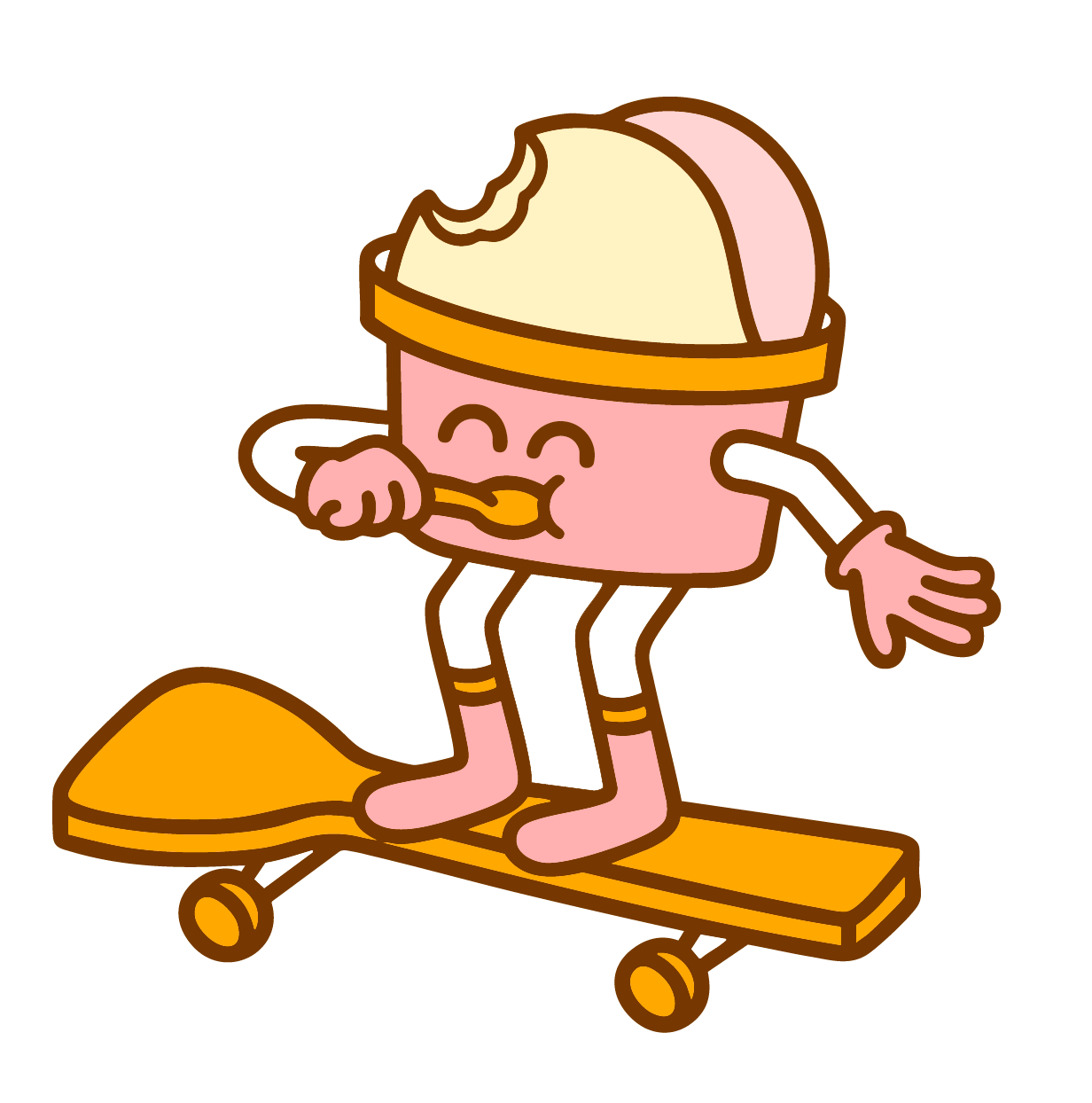 A cartoon ice cream character with a bite taken out of its head, riding a skateboard, smiling, with arms outstretched and wearing socks.