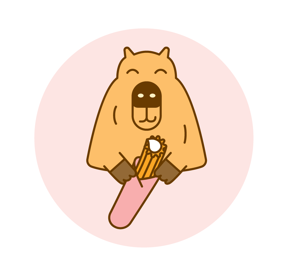 Cartoon Capybara bear holding a pink filled churro cone , smiling with eyes closed, set against a light pink circular background..