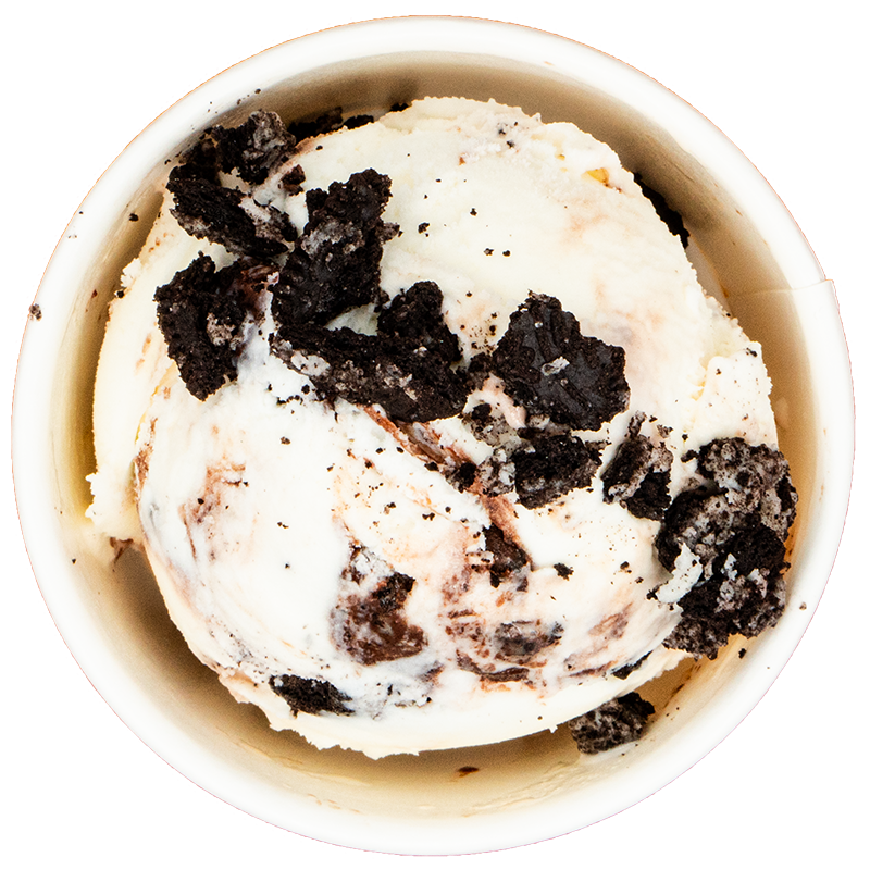 Scoops of cookies and cream ice cream with crushed chocolate cookies in a white bowl.