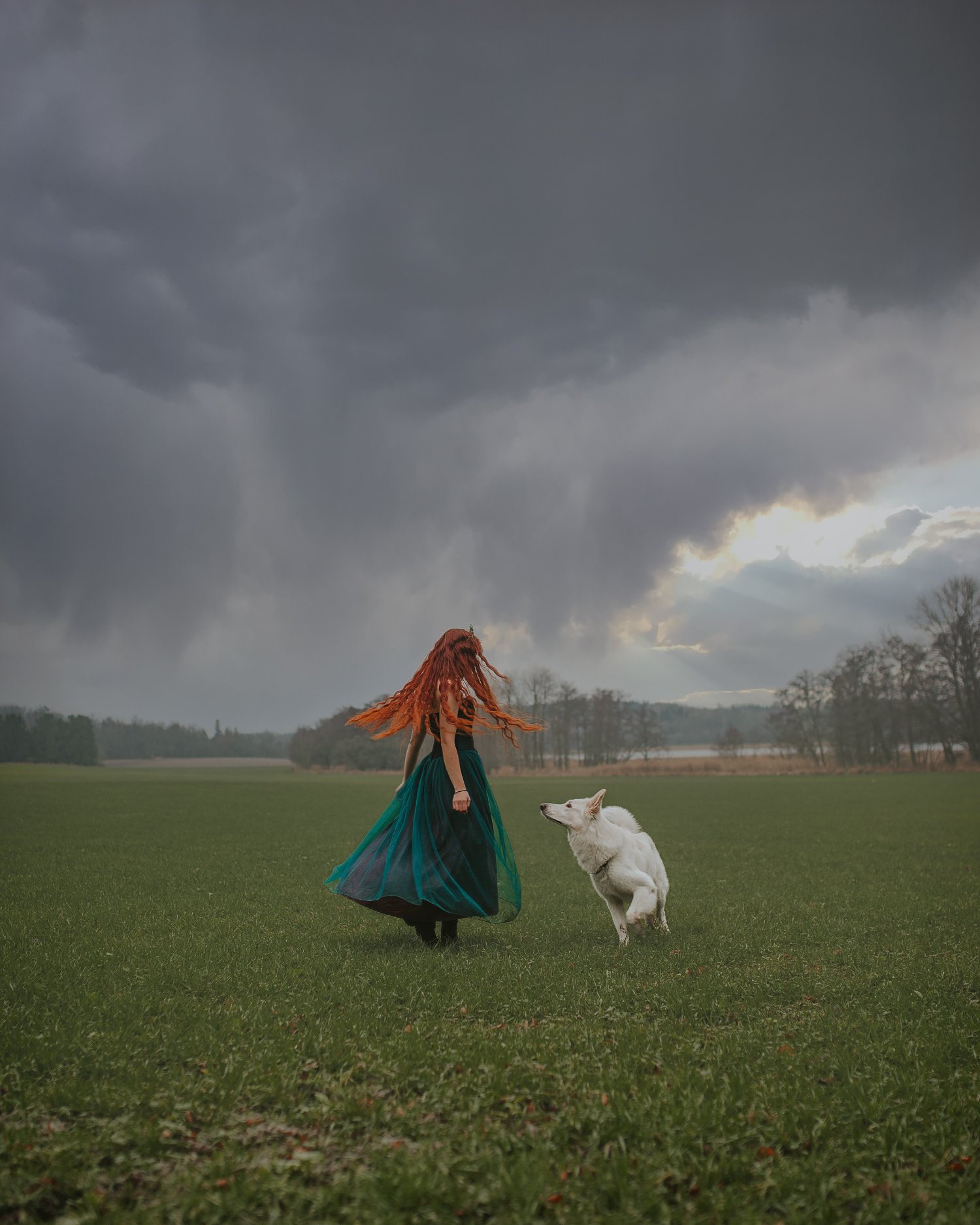 Young woman with red hair in a flowing green and blue dress standing on a grassy field with a white dog, under dark stormy clouds.