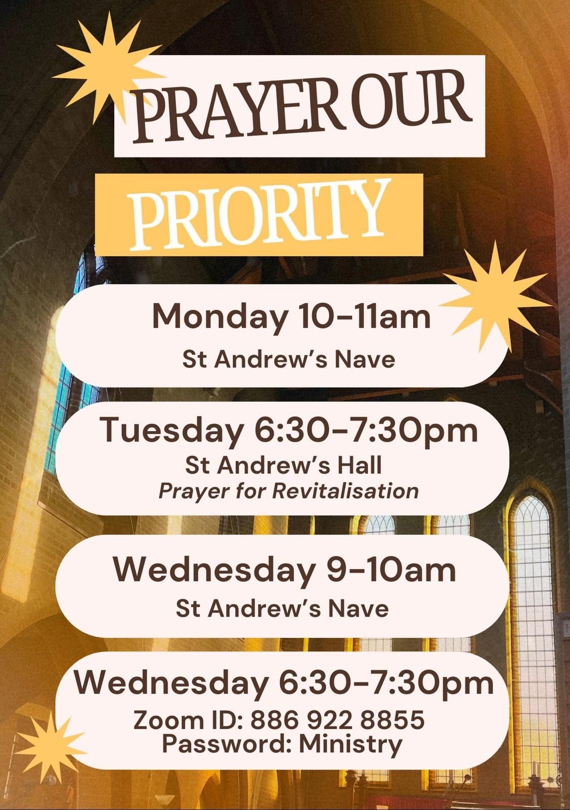 Schedule for prayer and revival meetings at St. Andrew's, including times on Monday, Tuesday, and Wednesday, with details for Zoom access.