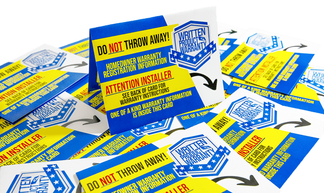 Multiple warranty registration cards with bright yellow caution labels, blue and white design, and instructions for warranty information, scattered on a surface.